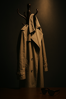 Stylish beige trench coat on a wooden coat rack with black sunglasses resting on a table under dramatic lighting, evoking classic TV detective style