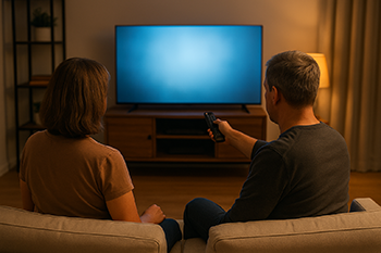 Couple negotiating dinnertime TV with remote in hand and wine on the table.
