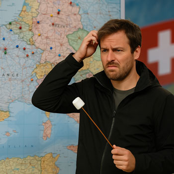 Confused Destination X contestant in front of European map wall with marshmallows and faint Swiss flag.
