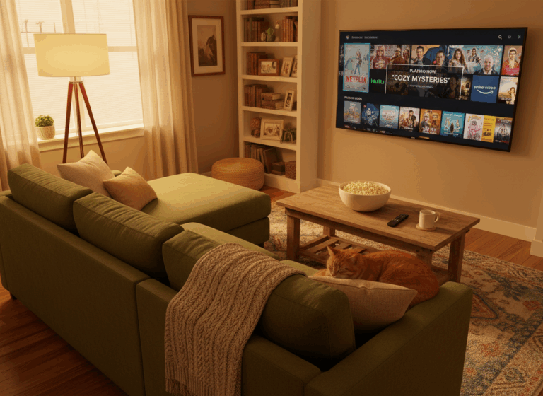 A cozy living room scene from a slightly elevated angle. A comfortable couch facing a large flat-screen TV displaying a colorful streaming interface with multiple show thumbnails. Warm ambient lighting from a floor lamp, a coffee table with a remote control and a bowl of popcorn. The room has a lived-in, relatable feel - maybe a throw blanket draped over the couch, a cat sleeping on the armrest. The TV screen shows a grid of recognizable streaming service layouts (Netflix, Hulu, Prime Video style). Photorealistic style, warm color palette, inviting and comfortable mood. The scene says "this is where real TV watching happens."