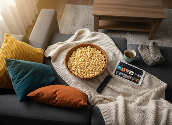 Overhead shot of cozy couch setup with remote control, tablet showing streaming queue, popcorn bowl, warm ambient lighting, organized comfortable aesthetic, lifestyle flat lay